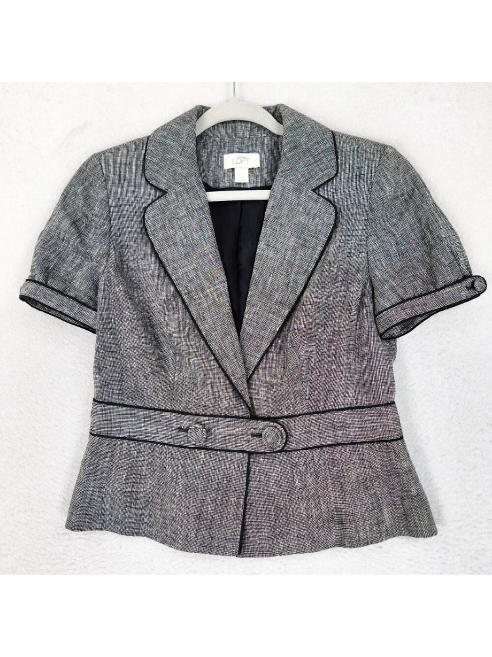 Ann Taylor LOFT jacket Womens 4 Gray Linen Short Sleeve Piped Blazer Career